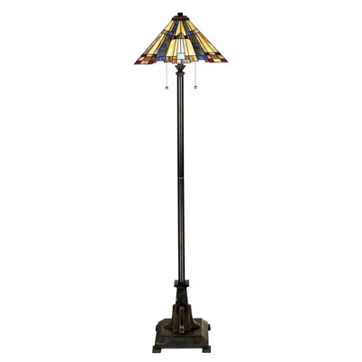 Elegant 2 Bulb Tiffany Style Floor Lamp with Coloured Glass Shade and Valiant Bronze Finish