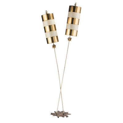 Elegant 2 Bulb Twin Floor Lamp with Star Shaped Base and Striped Shades in Gold and Taupe
