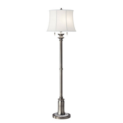 Elegant 2 Bulb Twin Floor Lamp with True White Cotton Linen Shade in Antique Nickel Finish