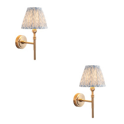 Elegant 2 Pack Dimmable Wall Lights with Shell Bay Blue Shades and Aged Brass Finish