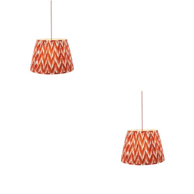 Elegant 2 Pack Hanging Ceiling Pendant Lights in Aged Brass and Apricot Orange Fabric