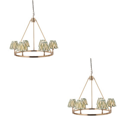 Elegant 2 Pack Hanging Ceiling Pendant Lights in Brushed Aged Brass and Cotswold Green Fabric
