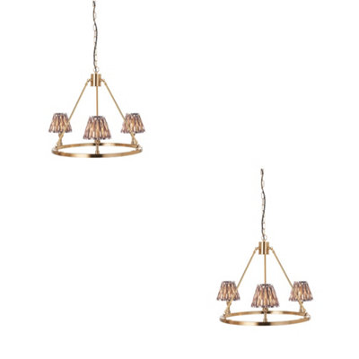 Elegant 2 Pack Hanging Ceiling Pendant Lights in Brushed Aged Brass with Pearl Grey Shades