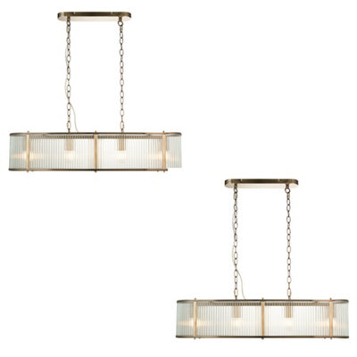 Elegant 2 Pack of Antique Brass Hanging Ceiling Pendant Lights with Ribbed Glass