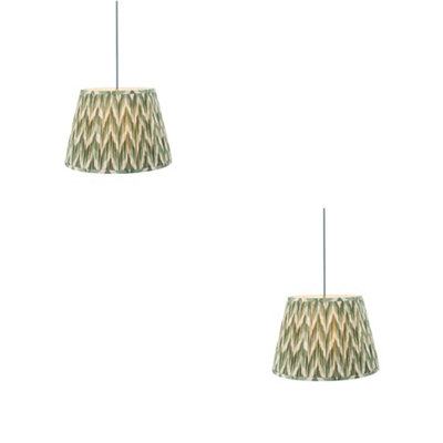 Elegant 2 Pack of Hanging Pendant Lights with Aged Brass and Green Fabric Shade