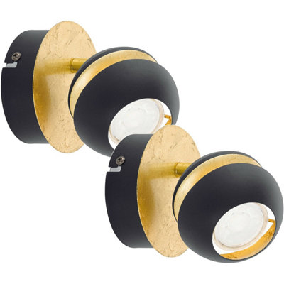 Elegant 2 Pack Round Black and Gold Wall Spot Lights with GU10 Bulbs