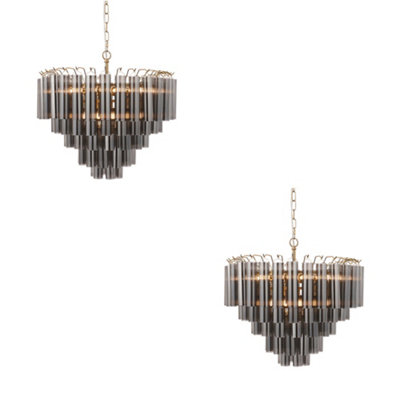 Elegant 2 Pack Satin Brass Pendant Lights with Smokey Grey Glass for Stunning Home Illumination