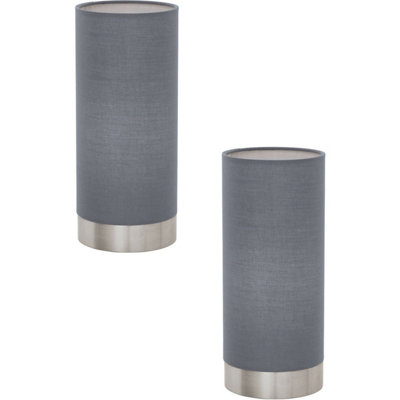 Elegant 2 Pack Satin Nickel Table Lamps with Grey Fabric Shades - Touch Control E27