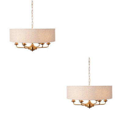 Elegant 2 Pack Vintage Brass Ceiling Pendant Lights with Natural Linen Shades - E14 Compatible
