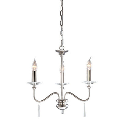 Elegant 3 Bulb Chandelier Ceiling Light in Polished Nickel Finish with LED E14 Bulbs