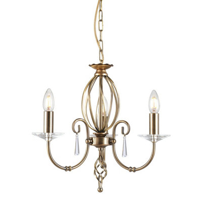 Elegant 3 Bulb Chandelier with Cut Glass Droplets in Aged Brass Finish