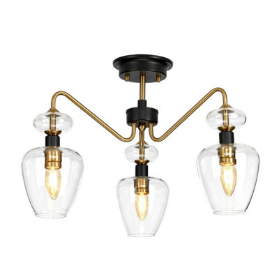 Elegant 3 Bulb Semi Flush Light in Aged Brass and Charcoal Black for Modern Interiors