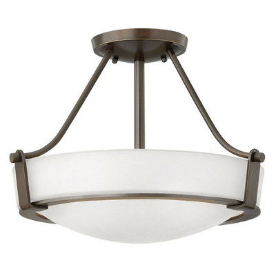 Elegant 3 Bulb Semi Flush Light with Etched Glass Shade in Olde Bronze Finish