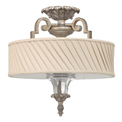 Elegant 3-Bulb Semi-Flush Light with Ivory Fabric Shade and Silver Leaf Finish