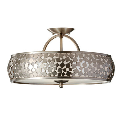 Elegant 3 Bulb Semi Flush Light with Metal and Organza Shade in Brushed Steel