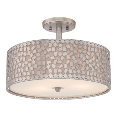 Elegant 3 Bulb Semi-Flush Light with Off White Linen Shade and Silver Finish
