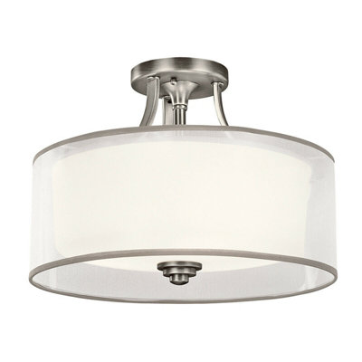 Elegant 3-Bulb Semi Flush Light with White Organza Shade in Antique Pewter Finish