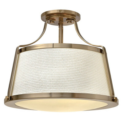 Elegant 3 Bulb Semi Flush Mount Light Fixture with Off White Fabric Shade and Brushed Caramel Finish