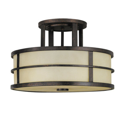 Elegant 3 Bulb Semi Flush Mount Light with Amber Ribbed Glass Shade in Grecian Bronze Finish