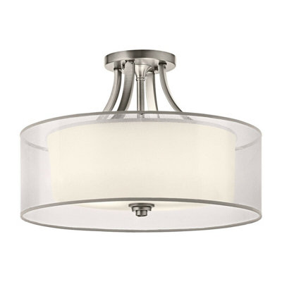 Elegant 4 Bulb Semi Flush Ceiling Light in White Organza Shade with Antique Pewter Finish
