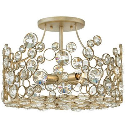 Elegant 4 Bulb Semi Flush Light with Crystal Accents and Silver Leaf Finish