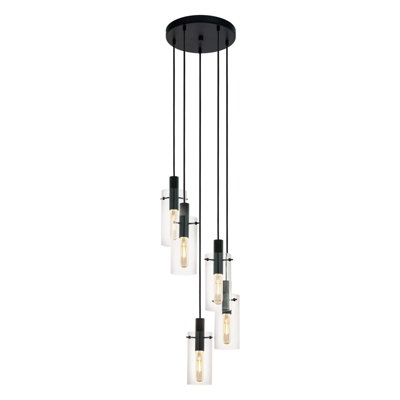 Elegant 5-Bulb Black Pendant Ceiling Light with Clear Glass Shades