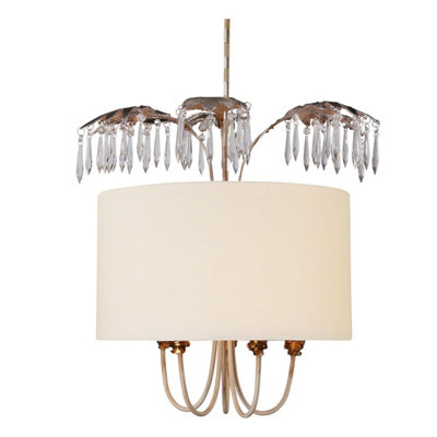 Elegant 5 Bulb Ceiling Pendant Light in Cream Patina with Gold and Silver Leaf Finish