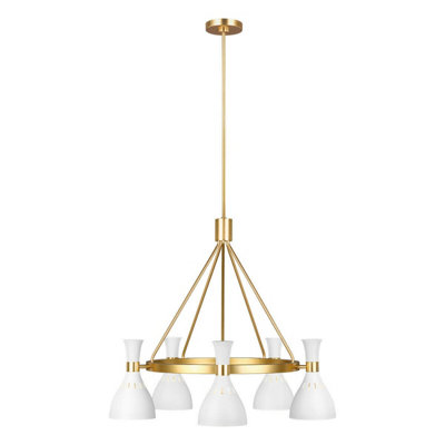 Elegant 5 Bulb Chandelier Ceiling Light in Matte White and Burnished Brass Finish