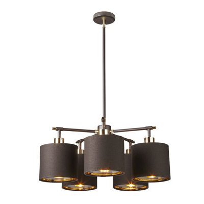 Elegant 5 Bulb Chandelier Ceiling Light with Brown and Polished Brass Finish