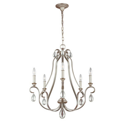 Elegant 5 Bulb Chandelier Pendant Light in Sunrise Silver Finish