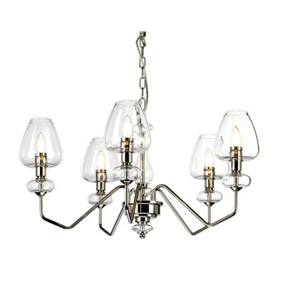 Elegant 5 Bulb Chandelier with Polished Nickel Finish and Clear Glass Shades