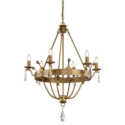 Elegant 6 Bulb Chandelier with Crystal Droplets and Gold Patina Finish