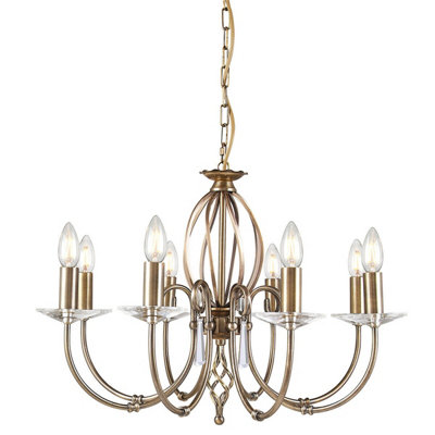 Elegant 8 Bulb Chandelier with Cut Glass Droplets and Aged Brass Finish