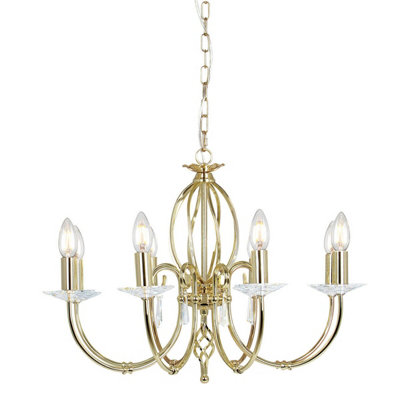 Elegant 8 Bulb Chandelier with Cut Glass Droplets and Curved Brass Stem