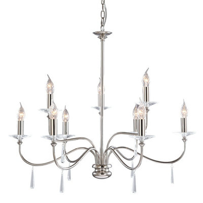 Elegant 9 Bulb Chandelier Ceiling Light in Polished Nickel Finish with LED E14 60W Bulbs
