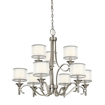 Elegant 9-Bulb Chandelier with White Organza Shade and Antique Pewter Finish