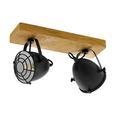 Elegant Adjustable 2 Bulb Ceiling Spotlight with Wood and Black Shade for Kitchen Island