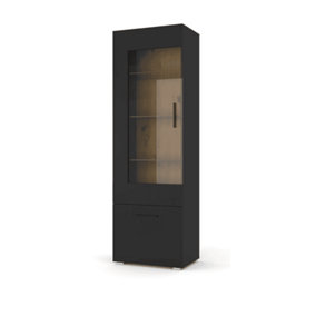 Elegant Anette Tall Display Cabinet H1900mm W600mm D440mm with Glass Shelves and Hinged Doors in Oak Artisan & Black