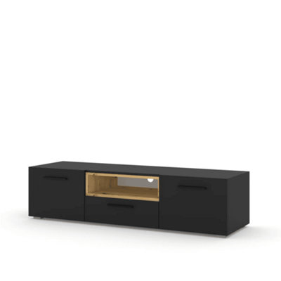 Elegant Anette TV Cabinet H370mm W1510mm D430mm with Hinged Doors, Open Compartment, and Cable Management in Oak Artisan & Black