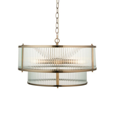 Elegant Antique Brass Ceiling Pendant Light with Ribbed Glass Shade
