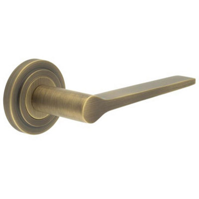 Elegant Antique Brass Door Handle on Stepped Rose for Classic Interiors - Solid Brass Interior Handle