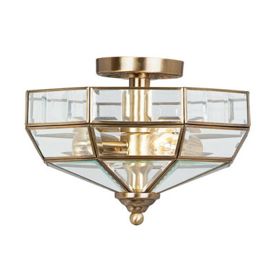 Elegant Antique Brass Semi-Flush Light with Clear Glass Panels - 2 Bulb E27 LED Fixture
