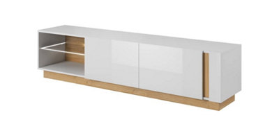 Elegant Arco TV Cabinet with Storage in White Gloss & Oak Grandson - H460mm x W1880mm x D400mm, Optional LED