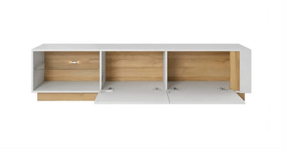 Elegant Arco TV Cabinet with Storage in White Gloss & Oak Grandson - H460mm x W1880mm x D400mm, Optional LED