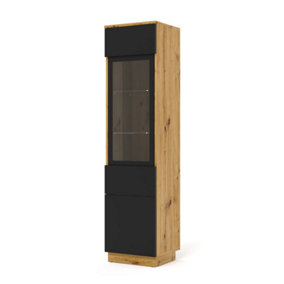 Elegant Aura Tall Display Cabinet H1500mm W370mm D330mm with Glass Shelves and Hinged Doors in Oak Artisan & Black