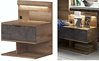 Elegant Bedside Cabinet Drawer LED Light USB Charger Oak Concrete Grey Arica