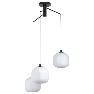 Elegant Black 3 Bulb Pendant Ceiling Light with White Ridged Glass Shades