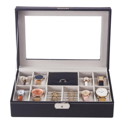 Elegant Black 8-Slot PU Leather Watch Display Box with Transparent Lid ...