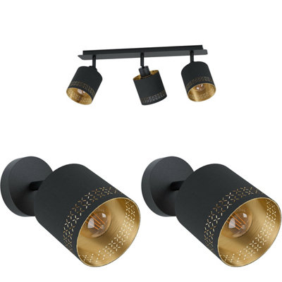 Elegant Black and Gold Ceiling Spot Light with Two Matching Wall Lights