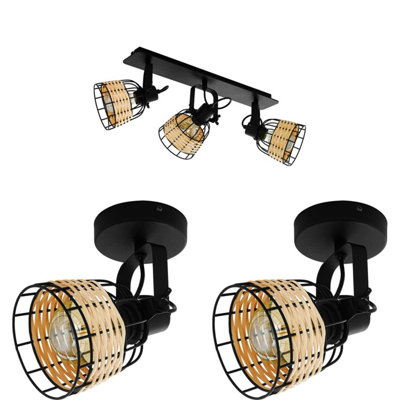 Elegant Black Ceiling Spot Light and 2 Matching Wicker Wall Lights Set with Adjustable Shades
